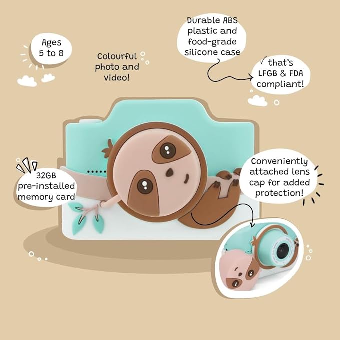 Kidamento Kids Digital Camera & Video Camcorder with Touchscreen, Soft Silicone Casing, Detachable Lens Cap, 32GB Memory Card - Model K Zippy The Sloth