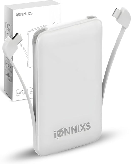 Portable Charger with Built in Cable - 10000mAh Ultra-Slim Portable Charger Power Bank with USB-C Cable, Lightning Cable - Fast Charge 20W - LED Battery Indicator, Power Bank (Gray, 10.000mAh)