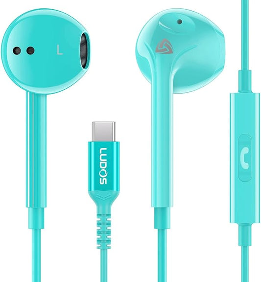 LUDOS Zenith USB C Headphones for iPhone 17 16 15 Pro Max Plus Air iPad Pro Air, 2 Years Warranty, USB-C Earbuds for Samsung Galaxy S24 S23 Ultra S22 S21 S20 A55 A54, USB Type C Earphones - Turquoise