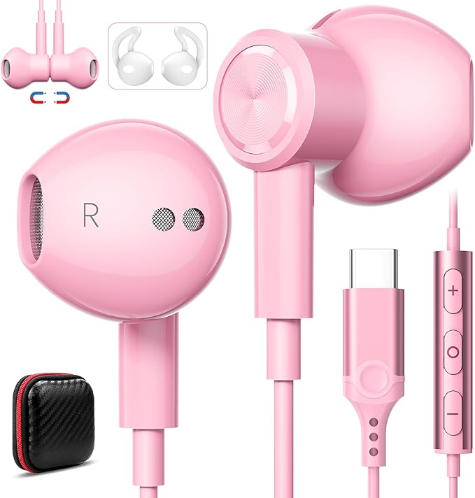 USB C Headphones for iPhone 17 Air 16e 16 Pro Max 15 Plus, Type C Headphone Wired Earbuds with Mic HiFi Magnetic Sport Earphone for iPad Pro Air Samsung Flip Fold 6 Galaxy S25 S24 S23 OnePlus 13 12 9