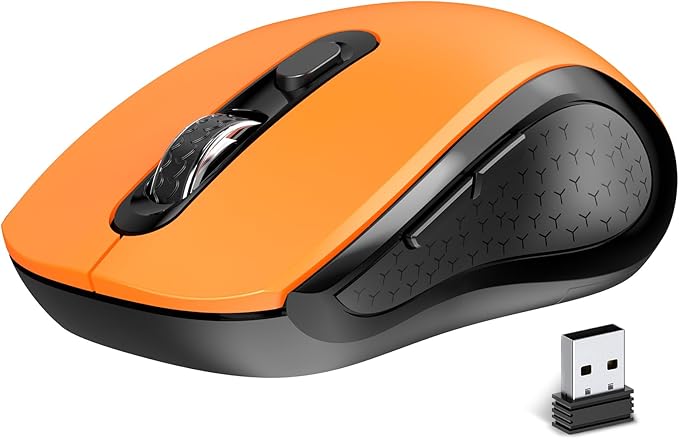 Wireless Mouse Ergonomic, Side Buttons Mouse, 2400 DPI, Silent and Anti Slip Roller Cordless Mice, 2.4Ghz with USB Receiver, 6 Buttons, Suitable for Laptop PC Chromebook and Windows 11/10/7 - Orange
