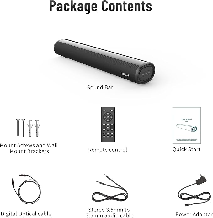 Sound Bar for TV, Bluetooth 5.0 Soundbar, 50 Watt 16 Inch Soundbars for Home Audio, Gaming, Projectors, TV Speakers Supports HDMI ARC/Optical/RCA/USB/AUX/Coax in Connection, Wall Mountable