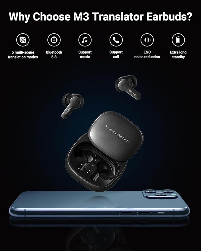XUPURTLK Translation Earbuds Real Time for 144 Languages, AI Translator Earbuds for iPhone and Android, 3-in-1 Translation Headphones Translating Earbuds for Travel Business Learning