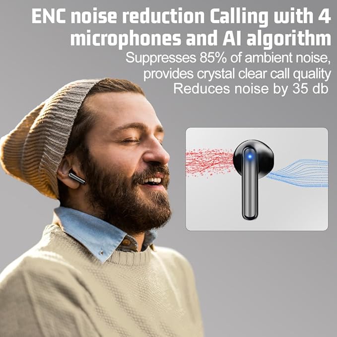 Bluetooth Earbuds Wireless Headphones, 60H Deep Bass Ear Buds with 4 Noise Cancelling Microphone, IP5 Waterproof Earphones for iPhone Android Sports audifonos Bluetooth inalambricos (Black)