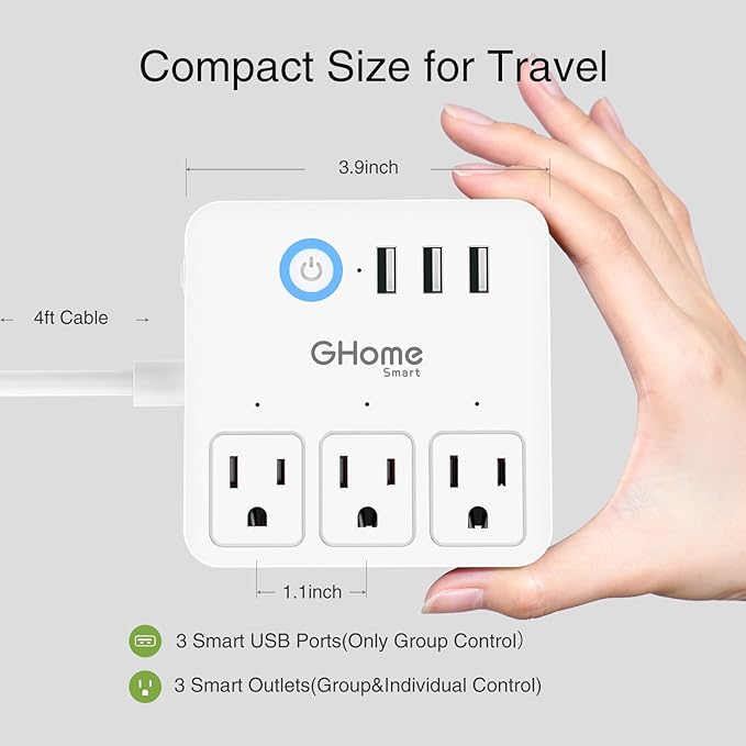 GHome Smart Power Strip with 3 USB Ports & 3 Smart Outlets Plugs That Work with Alexa & Google Home, WiFi Surge Protector, Flat Plug for Home Office Travel, 10A, White
