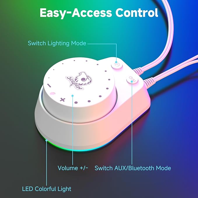 SOULION C30 Bluetooth Computer Speakers, 2.0 PC Speakers USB Powered & 3.5mm Aux Speaker with Easy-Control Pod, Pulsing & LED Flame Lights, Desktop Speaker for Monitor Laptop - White