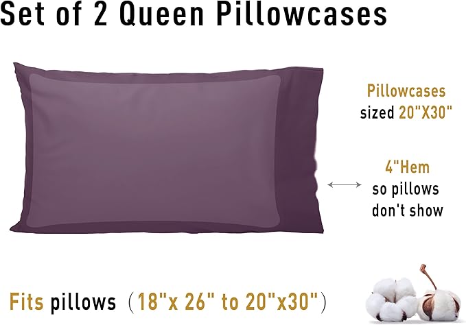 Sunflower Queen Pillowcases Set of 2, 100% Cotton Queen Size Pillow Cases 2, 20×30 inches Dark Purple, Soft and Breathable