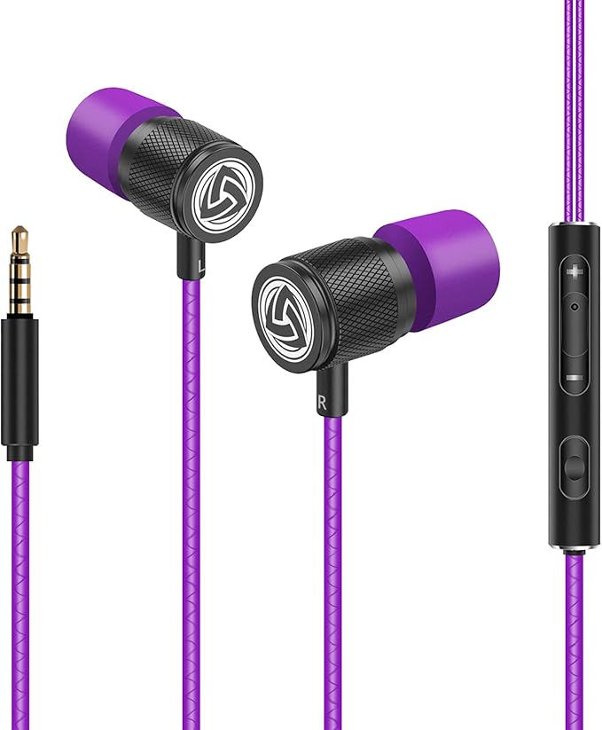 LUDOS Ultra Wired Earbuds in-Ear Headphones, 5 Years Warranty, Earphones with Microphone, Noise Isolating Ear Buds, Memory Foam for iPhone, Samsung, School Students, Kids, Women, Small Ears - Purple