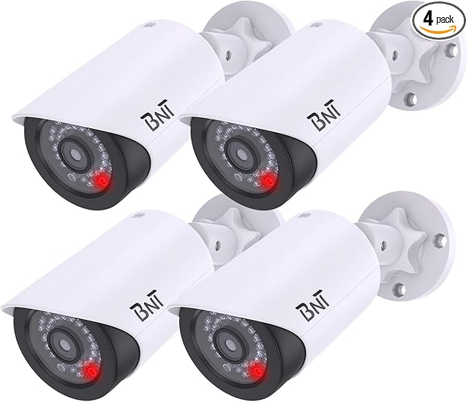 BNT Dummy Fake Security Camera, with One Red LED Light at Night, for Home and Businesses Security Indoor/Outdoor (4 Pack, White)