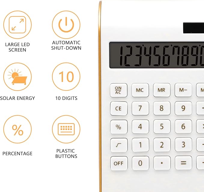 Gold Solar Battery Basic 10 Digits Desktop Calculator, Tilted LCD Display, Slim Desk Calculator