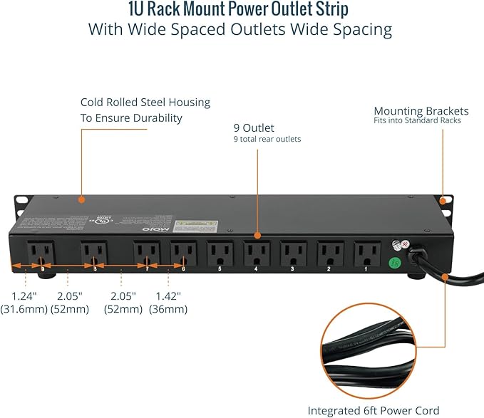 Tecmojo 9-Outlet Rack Mount Power Strip,1U Horizontal PDU Individual Switch 6ft Cord, with 2USB and 2 Type-C,for IT and Network Racks and Cabinets