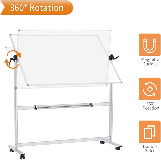 VIZ-PRO Double-Sided Mobile Projection Writing Whiteboard, 72 x 48 Inches, Large Magnetic Rolling Dry Erase Board & Projector Screen with Aluminium Stand