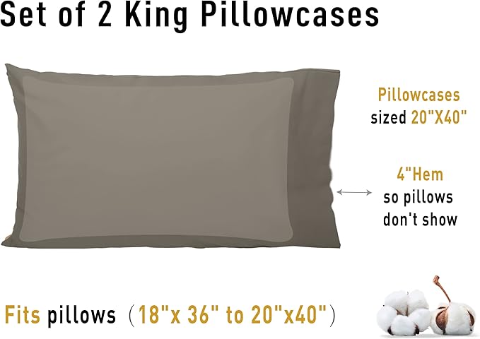 Sunflower King Pillowcases Set of 2, 100% Cotton King Size Pillow Cases 2, 20×40 inches Taupe Gray, Soft and Breathable