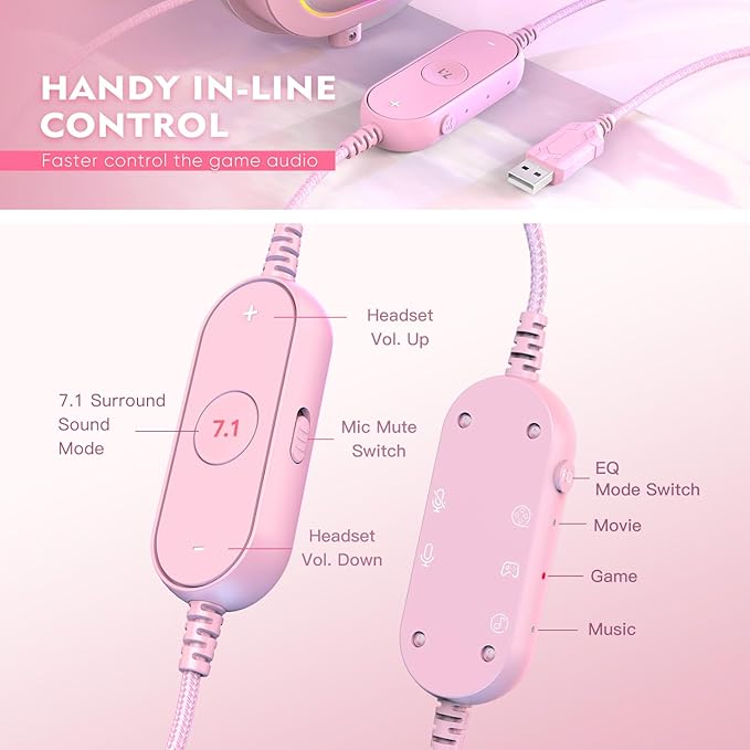 FIFINE PC Gaming Headset, USB Wired Headset with Microphone, 7.1 Surround Sound, in-Line Control, Computer RGB Over-Ear Headphones for PS4/PS5, for Streaming/Game Voice/Video-AmpliGame H6 (Pink)