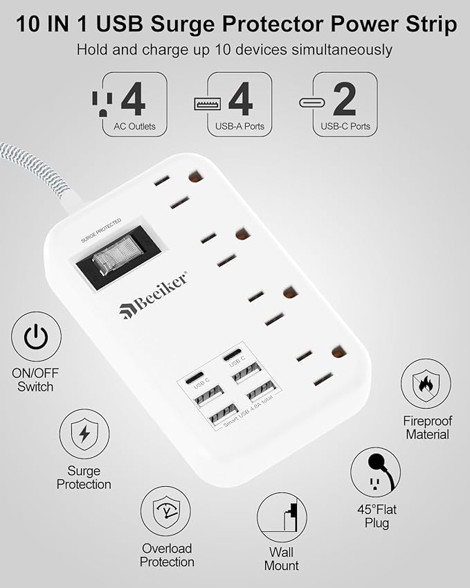 6 USB(2 USB C) Surge Protector Power Strip- 5Ft Travel Power Strip with 4.8A USB Charging Station and 4 Extendable Outlet, 13A Flat Plug Braided Extension Cord with Wall Mount for Travel Office Dorm