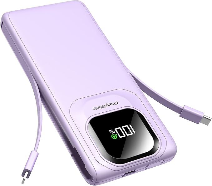 Portable Charger Power Bank with Built-in Cables, 22.5W Fast Charging 10000mAh Phone Charger, Travel Battery Pack Slim Battery Bank with Smart LED Display for iPhone, Android & USB-C Devices (Purple)