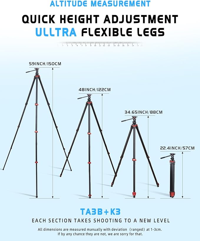 IFOOTAGE Gazelle Travel Tripod TA3B with Komodo Fluid Head K3,62/157.5cm Aluminum Alloy Tripod Kit for Camera,Smartphone Live Streaming Vlog Sony Nikon Canon Fuji DSLR,Load 11lbs,TA3B+K3