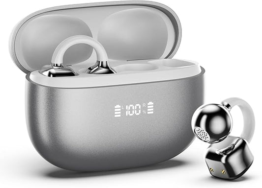 PAXA Clip On Earbuds, Clipbuds7 Open Ear Earbuds Wireless Bluetooth 5.4 with LED Display, Auto L-R Ear Recognition and Touch Control, Ultra-Light 4.5g Fit Comfort for Sports Fitness Daily Use, Silver