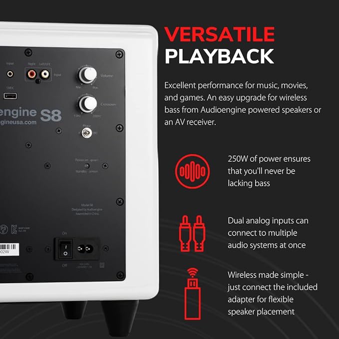 Audioengine S8 250W Wireless Powered Subwoofer, Built-in Amplifier (Wireless, White)