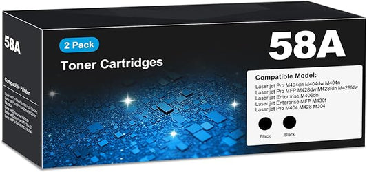 CF258A 58A Toner Cartridges Black (2-Pack) for HP 58A 58X CF258X, Laser Jet M404dn M428fdw Toner Cartridges, CF258 for Laser Jet Enterprise M404dn M404dw M404n M428dw M428fdn MFP M304 M406dn M430f