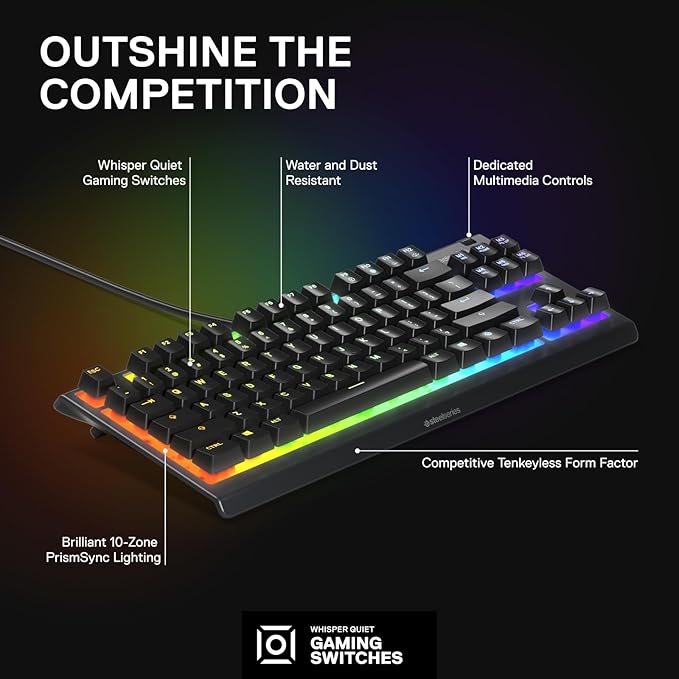 SteelSeries Apex 3 TKL RGB Gaming Keyboard – Tenkeyless Compact Form Factor - 8-Zone RGB Illumination – IP32 Water & Dust Resistant – Whisper Quiet Gaming Switch – Gaming Grade Anti-Ghosting,Black