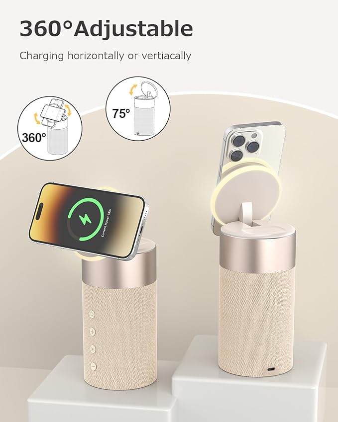 COLSUR Bluetooth Speaker, Magnetic Wireless Charger, Bluetooth Speakers with Night Light, 2 in 1 Wireless Charging Station for iPhone 16/15/14/13/12 Series, AirPods Pro/3/2（Gift Ideal）