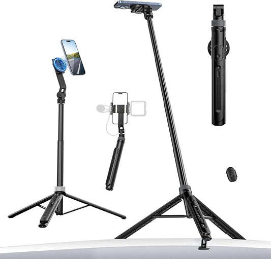 ULANZI TT88 Magnetic Tripod for iPhone 17, 57" Extendable Selfie Stick w Remote, 2-in-1 Phone Clip & Dual Cold Shoe Mounts-Lightweight Phone Tripod Stand for Vlogging, Travel, Video Recording, White