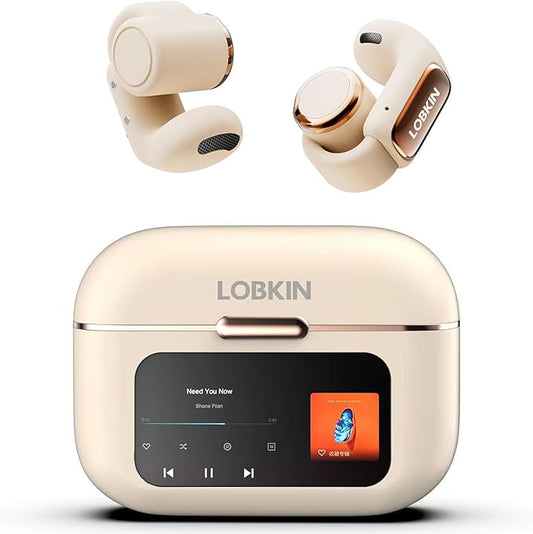 LOBKIN Open Ear Clip On Earbuds Wireless Bluetooth, Waterproof Clip On Headphones, Lightweight, Comfortable for Small Ears Women, Clip On Ear Buds with Mic, LED Display, Sports Running Workout White