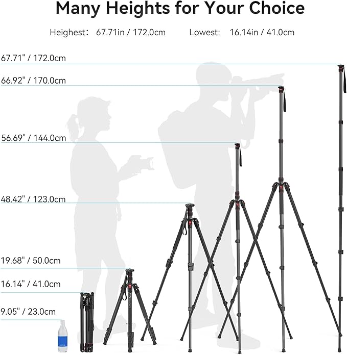 SmallRig T-10 Camera Tripod, 68" Foldable Aluminum Tripod & Monopod, Compatible with 1/4"-20 and 3/8"-16 Video Head, Payload 33lb, Adjustable Height from 19.7" to 67.7" for Camera, Phone - 3983