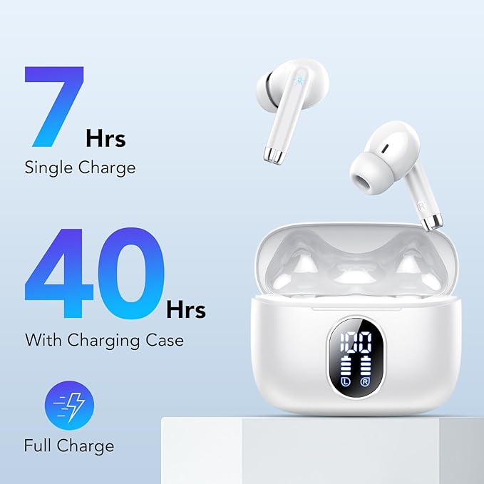 Wireless Earbuds, 2025 New Bluetooth 5.4 Headphones HiFi Stereo with 4 ENC Mic, 40H Mini Ear Buds In-Ear Noise Cancelling Earbuds with LED Screen, Ultra Light Bluetooth Earphones White for Android iOS