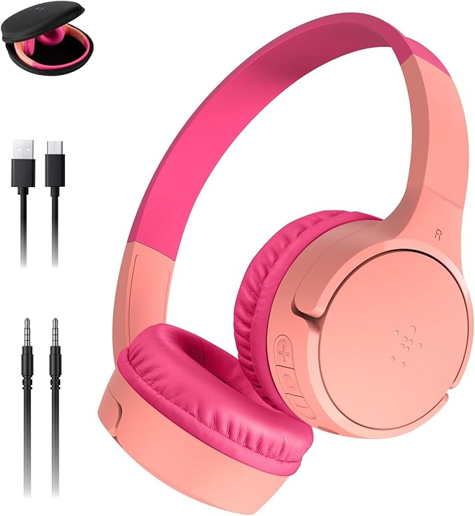 Belkin SoundForm Mini w/Case - Wireless Bluetooth Kids Headphones with 30H Battery Life, 85dB Safe Volume Limit, Built-in Microphone - Kids On-Ear Earphones for iPhone, iPad, & More - Pink