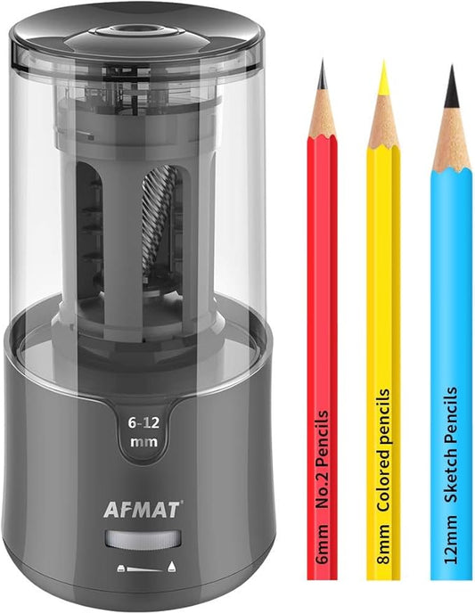 AFMAT PS91 Electric Pencil Sharpener, Heavy Duty Pencil Sharpeners for 6-12mm No.2/Colored Pencils, Auto Stop, Super Sharp & Fast, Electric Pencil Sharpener Plug in for Office, Home - Gray
