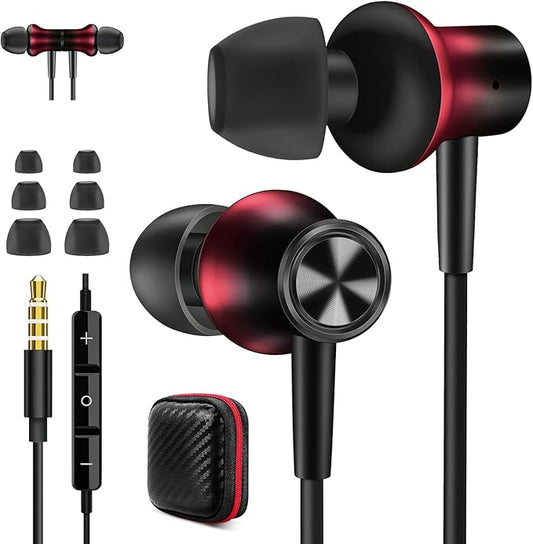 Jiunai 3.5mm Wired Earbuds Headphones School in Ear Built-in Mic Track Control Magnetic Noise Isolated Stereo S M L Ear Tips Tangle Free Earphone for iPhone iPad Android Tablet Travel Gradient Red