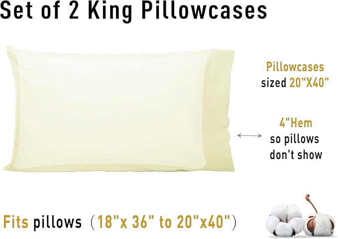 Sunflower King Pillowcases Set of 2, 100% Cotton King Pillow Cases 2, 20×40 inches Cream, Soft and Breathable