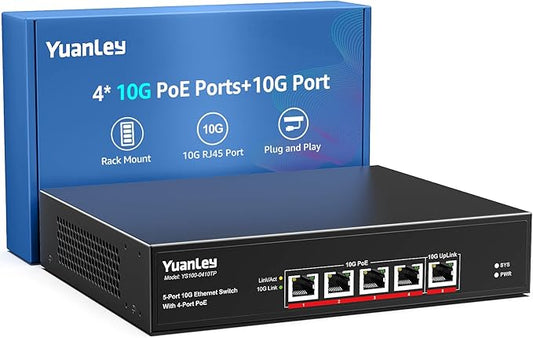 YuanLey 5-Port 10G PoE Switch Unmanaged with 4-Port PoE, 4 x 10G Base-T RJ45 Ports, 1 x UpLink, IEEE802.3af/at, 65W Built-in Power, Compatible with 1G/2.5G/5G/10G, Rackmount 10Gbe Network Switch