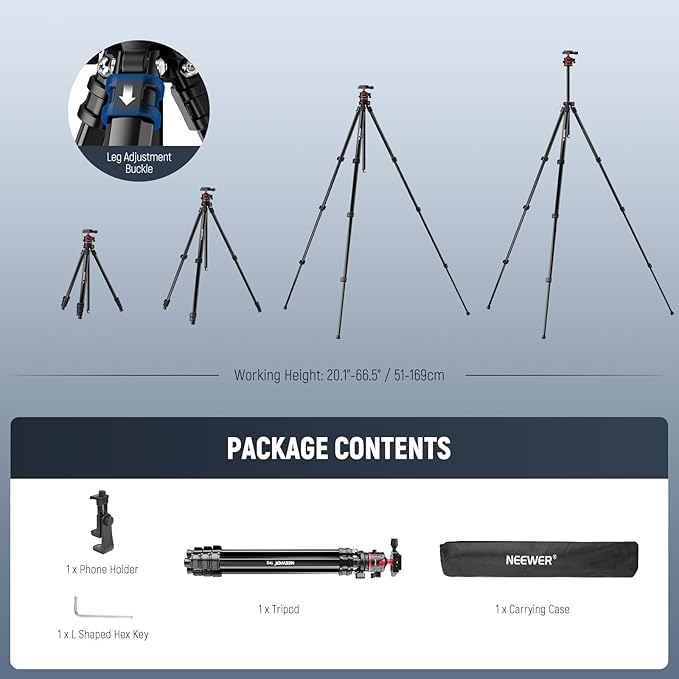 NEEWER Basics Travel Tripod for Camera, Compact Lightweight Portable DSLR Cam Stand with Ball Head, Arca Type QR Plate, Cell Phone Holder Compatible with iPhone Video Recording, Max Load 11 lbs, TP12