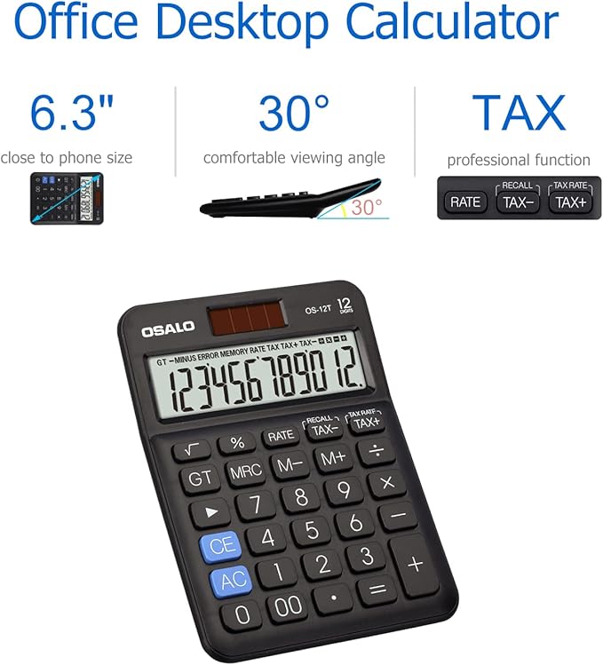 Pocket Small Size Desk Calculator, 12 Digit Large LCD Display, Basic Tax Function Handheld Desktop Calculator with Solar Battery Dual Power, Perfect for Office, School, Business OS-12T (Black)