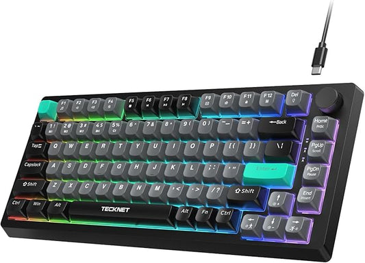 TECKNET Gaming Keyboard, 75% Wired Keyboard, RGB Backlit, 82-Keys with Volume Knob Control, 26 Keys Anti-ghosting, Whisper Quiet Gaming Switch Travel Friendly for Windows Laptop PC Mac-Grey