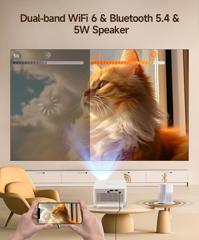 2025 Android 14 Smart Projector 4K & 8K Support, Protable Projector with WiFi 6 and Bluetooth 5.4, Auto Focus & Vertical Keystone, 180°Rotatable, Mini Proyector for Outdoor Home HY300Max