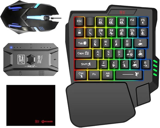 One Handed Gaming Keyboard and Mouse Combo, with Gaming Mouse Converter, Rainbow Backlit 25 Keys Portable Small Mechanical Feel Keyboard Support Customize Button, for Android, PC Gamer