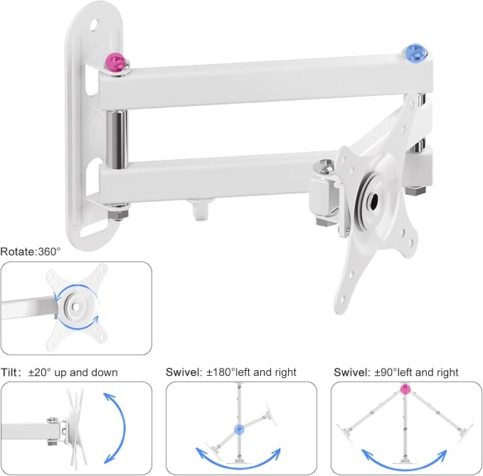 Suptek TV Wall Mount Swivel Tilt Rotation Full Motion Adjustable Articulating for Most 15-32 inch LED, LCD Monitor Wall Mount VESA 75,100, White, 2 Packs (MA2720W-2)