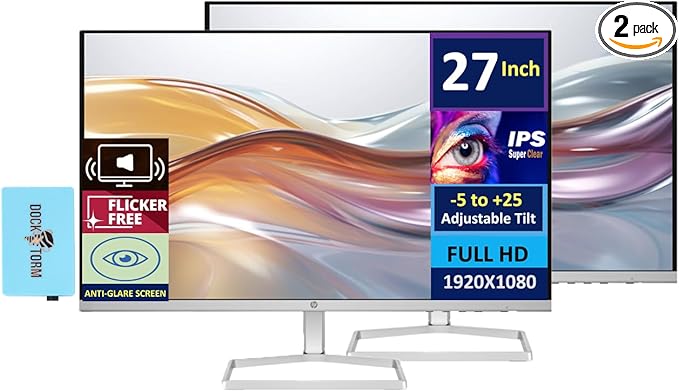 HP 27 Monitor with Dual 2W Speakers (Replaces M27fwa) 27" 100Hz IPS FHD 99% sRGB 300 Nits Display, Adjustable Tilt, Flicker-Free, Anti-Glare, Eye Ease, White/Silver w/DKZ USB Port Expander (2 Pack)