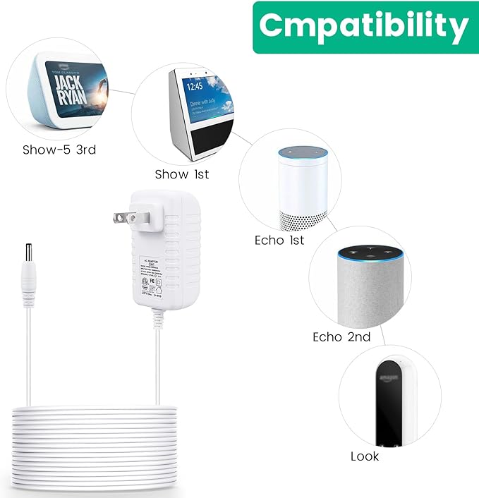 21W Power Cord Adapter for Echo Show 1st Gen., Echo 1st Gen., 2nd Generation - White Wall Charger Cable, 5ft