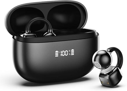 PAXA Clip On Earbuds, Clipbuds7 Open Ear Earbuds Wireless Bluetooth 5.4 with LED Display, Auto L-R Ear Recognition and Touch Control, Ultra-Light 4.5g Fit Comfort for Sports Fitness Daily Use, Black