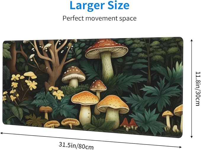 Gaming Mouse Pad, Large Non-Slip Rubber Base Mousepad, Keyboard Mouse Mat, Desk Pad with Stitched Edges, 31.5x11.8inch, Mushroom Forest