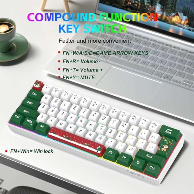 Snpurdiri 60% Wired Gaming Keyboard, RGB Backlit Small Ultra-Compact 61 Keys 60 Percent Gaming Keyboard for PC/Mac Gamer, Typist, Travel, Easy to Carry on Business Trip(Red Green White)
