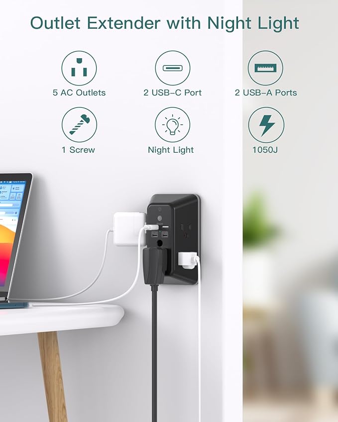 Surge Protector, Outlet Extender with Night Light, Addtam 5-Outlet Splitter and 4 USB Ports(2 USB C), USB Wall Charger Power Strip, Multi Plug Wall Outlet for Home, Office, School, Black