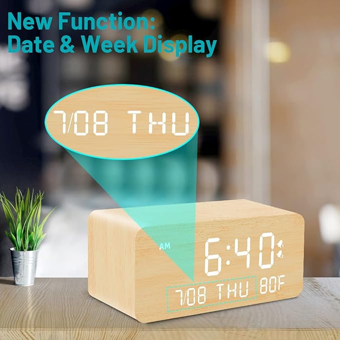 Andoolex Wooden Digital Alarm Clock with Wireless Charging, 0-100% Adjustable Brightness Dimmer and Alarm Volume, Weekday/Weekend Mode, Dual Alarm, Snooze, 12/24H, Wood LED Clock for Bedroom (Bamboo)