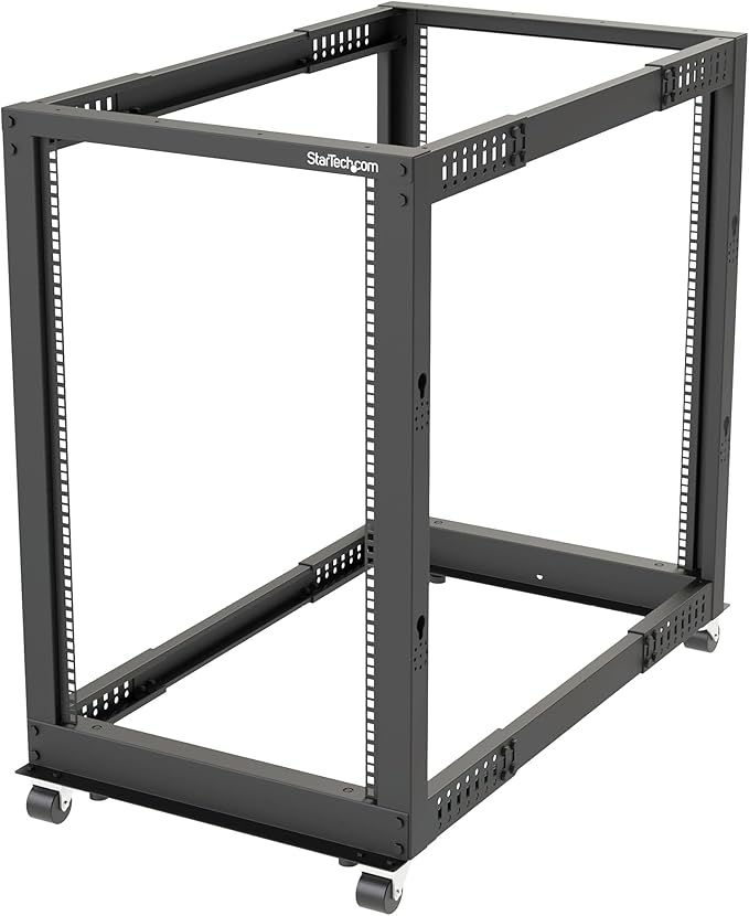 StarTech.com 4-Post 18U Mobile Open Frame Server Rack, 19in Network Rack with Wheels, Rolling Rack for Computer/AV/Data/IT Equipment - Casters, Leveling Feet or Floor Mounting (4POSTRACK18U)