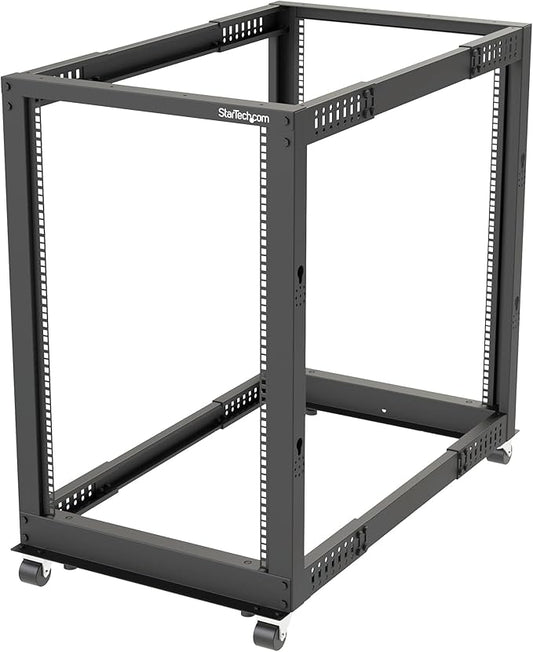 StarTech.com 4-Post 18U Mobile Open Frame Server Rack, 19in Network Rack with Wheels, Rolling Rack for Computer/AV/Data/IT Equipment - Casters, Leveling Feet or Floor Mounting (4POSTRACK18U)